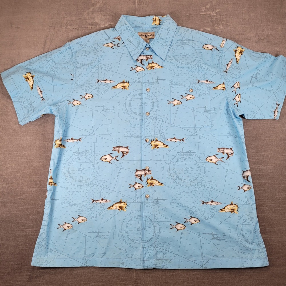 Hook & Tackle Vintage Mens Hawaiian Nautical Fish Short Sleeve Button Shirt‎ 2XL